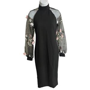 Shein black floral sheer nylon long sleeve high mock neck midi dress small NWOT